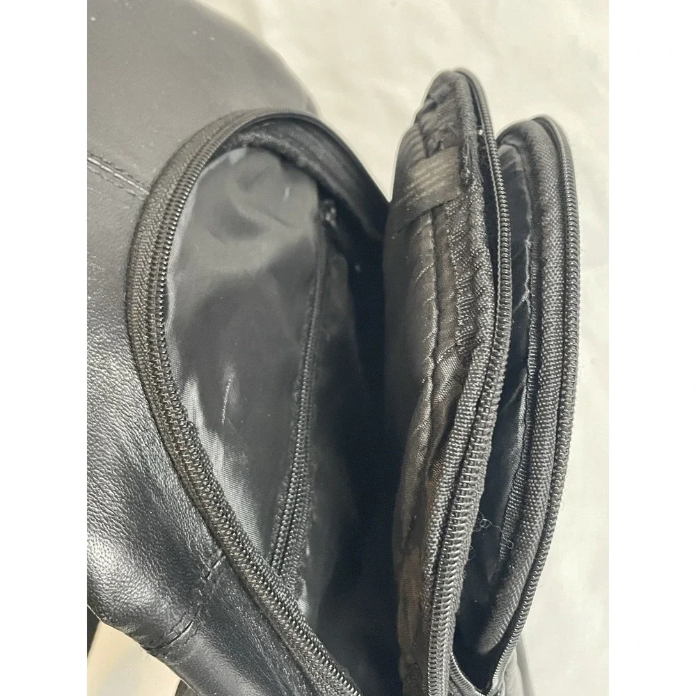 Y2K Genuine Leather Sling Bag Unisex Small Black Multiple Pockets Travel Casual